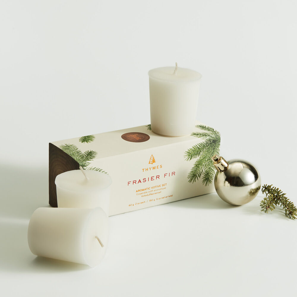 Thymes Frasier Fir Votive Candle Set Out of Box with Ornaments image number 1